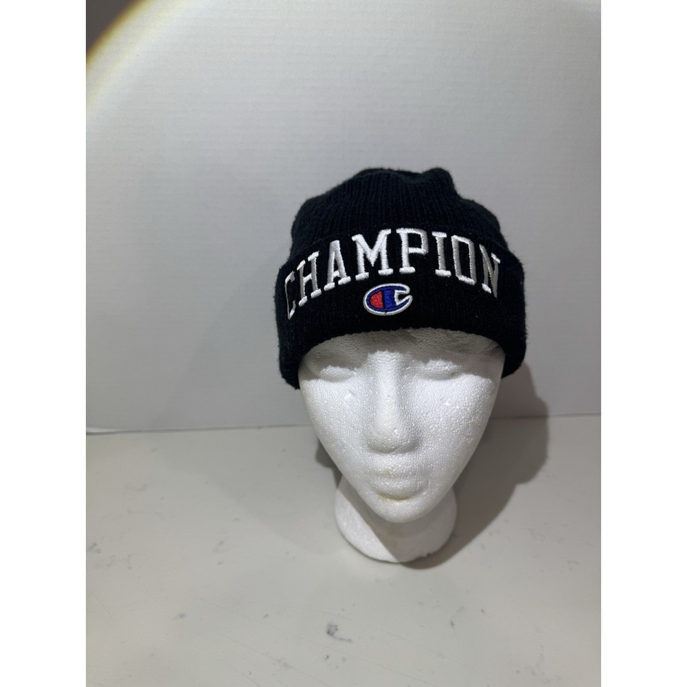 Champion Mens Logo Cuff Ribbed Beanie Black Streetwear
